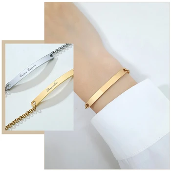 

Simple Custom Personalized Engrave ID Bar Chain Bracelets for Women Stainless Steel Elegant Lady Heart Charm Accessory