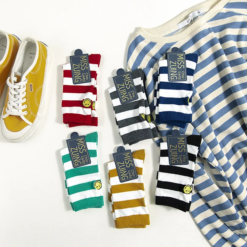 Heap-heap носки женские корейские стильные носки с вышитой улыбкой Женские японские полосатые хлопковые носки для девушек, четыре сезона носков