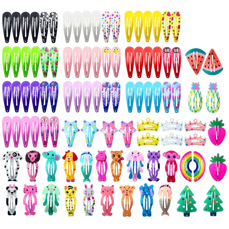 

Hair Clips for Girls 100 Pcs No Slip Metal Snap Hair Clips Strips for Kids Teens Women Cute Candy Color Cartoon Design Hair Pins
