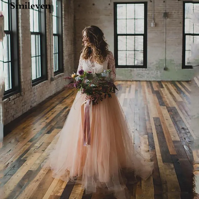 

Smileven Lace Wedding Dresses Long Sleeve A Line Boho Bride Dresses Wedding Gowns Appliqued Vestido De noiva