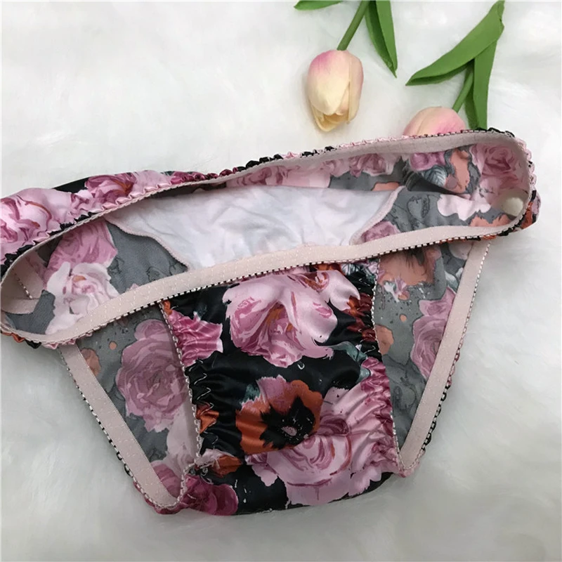 Gay Underwear Men Briefs Shorts Cueca Silk Flower Panties Man Flower Ultra-thin Seamless Sissy Underpants Plus Size M-4XL 2