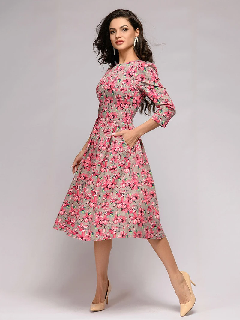 AIZHIXI, Осеннее элегантное платье с рукавом 3/4 и цветочным принтом, женские повседневные летние платья трапециевидной формы с круглым вырезом, элегантные вечерние платья Vestidos