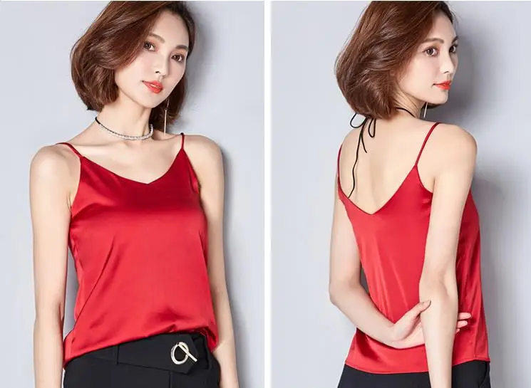 Crop Top summer Solid Sleeveless Harajuku Tops Ladies V-neck Female Vest Clothing Women Top Summer Imitation Silk Tank Top LJ37