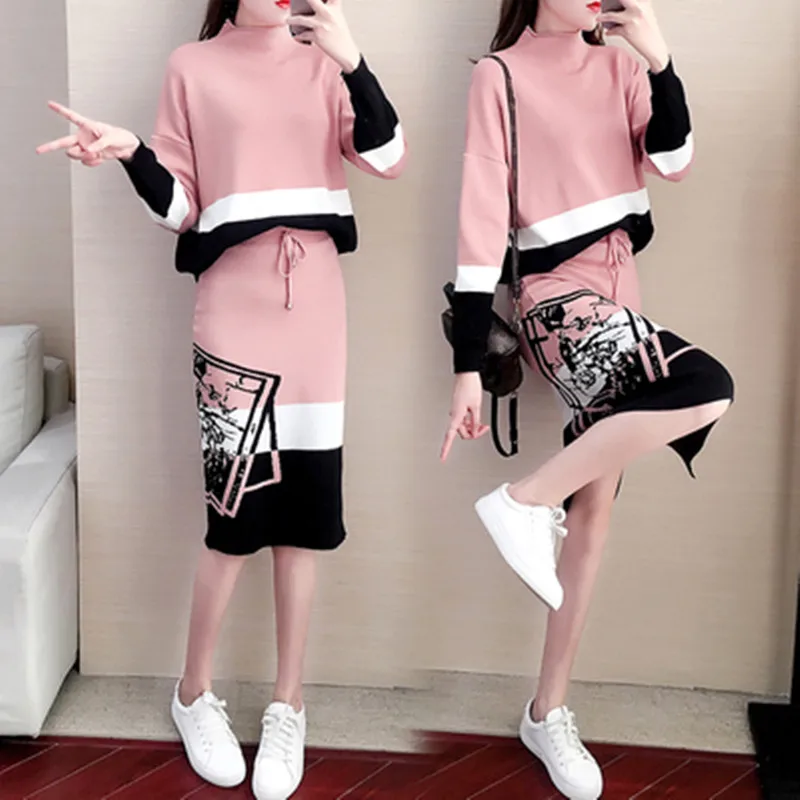 

Women Set 2020 Autumn Knit Sweater Pullovers+ Skirt Set 2 Pieces Causal Suits Ladies Irregular Striped Knitted Suit