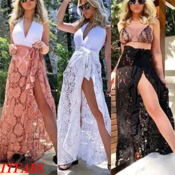 

Sexy Women Bikini Cover Ups Swimwear Sheer Beach Long Maxi Skirt Wrap Sarong Pareo Lace Lace-up Split Skirt Bikini Cover Ups Hot