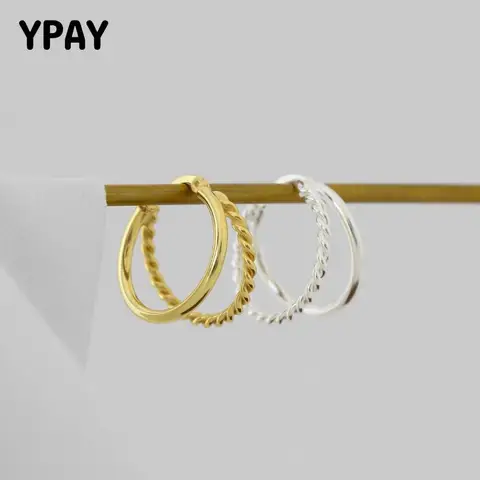 Brincos de Argola para Mulheres Ypay Puro Prata Esterlina Coréia Ins Camadas Duplas Trançado Círculo Brinco Jóias Finas Yme695 100% 925