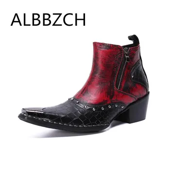 

Luxury Pointed Toe Genuine Leather Chelsea Men Boots High Heels Fashion Patchwork Ankle Boots Career Work Show Boots Big yards