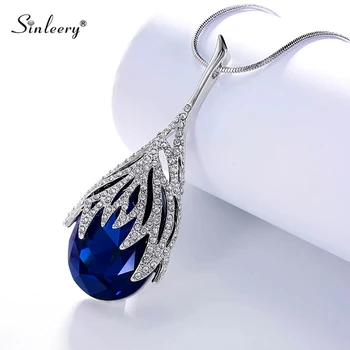 

SINLEERY Fashion Waterdrop Shaped Big Pendant Necklace With Blue Cubic Zirconia Jewelry For Women Clothes Accessories MY117 SSO