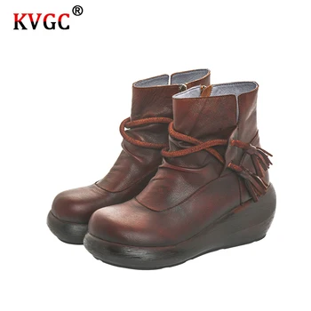 

KVGC autumn and winter new style ladies fashion high-quality leather unique hemp rope decoration retro style brown ankle boots