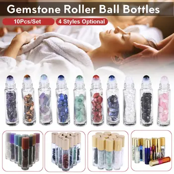 

4type 10ml Natural Gemstone Essential Oil Roller Ball Bottles Transparent Perfumes Oil Liquids Roll On Bottles with Crystal Chip