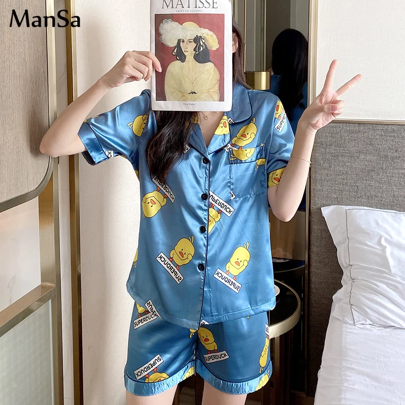 

Summer Pajama Set Short Sleeve Silk Pajamas Comfortable Women cartoon Print Fake Silk Sleepwear Pyjamas Young Girl shorts pijama