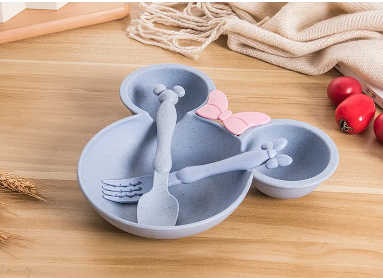 Natural Wheat Straw Bowl Baby Fork Food Bowl Kids Cartoon Toddler Children Spoon Dinner Plate Set Training Tableware Feeding