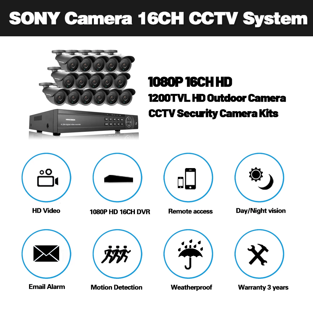 NINIVISION 16-канальный видеорегистратор безопасности 1200TVL видео камера наружного наблюдения комплект 16ch AHD CCTV DVR Запись HDMI 1080P CCTV системы