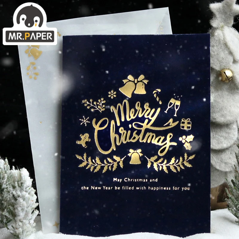 Mr.Paper 4 디자인 클럽 스웨이드 Bronzing 인사말 카드 크리스마스 캐롤 시리즈 카드 봉투 수동 DIY 선물 재료