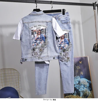 

Two Piece Set European and American Style Denim Suit Summer New Beauty Vest + Elastic Denim Pants Two-Piece Set Ensemble Femme