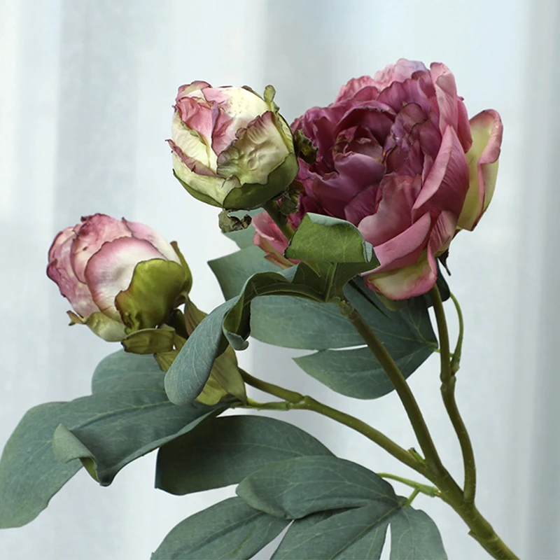 

64CM Roasted Edges Simulation Peony Flower Branch 3 Heads With leaves Real Touch Peony Fake Flowers Home Hotel Wedding Decor