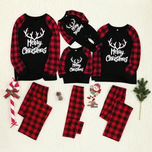 Рождественский пижамный комплект; Семейные комплекты; клетчатые брюки с принтом лося; Семейный комплект с длинными рукавами; хлопковая одежда для сна для родителей и детей