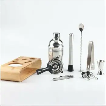 

10 pcs Bartender Kit Cocktail Shaker Set Stainless Tools with Bamboo Stand