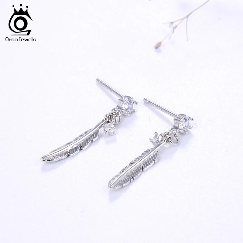 ORSA JEWELS настоящие 925 женские серьги-гвоздики из стерлингового серебра модные серьги в форме пера Женские Романтические милые ювелирные изделия SE186