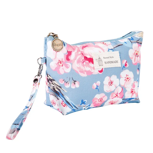 FUDEAM Polyester Rose Flower Bird Pattern Women Cosmetic Bag Toiletries Storage Organize Waterproof MakeUp Bag Portable Wash Bag Light blue flower