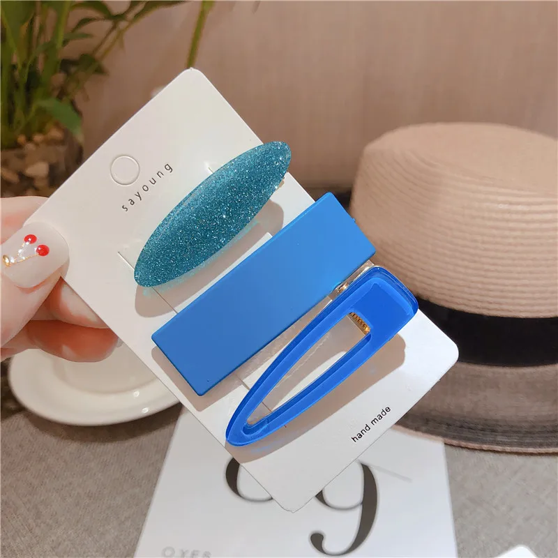 Blue 3 шт./компл. Карамельный Цвет ацетат геометрический прямоугольник Заколки для волос для Для женщин девочек заколки милые шпильки из сплава орнамент - Цвет: Blue