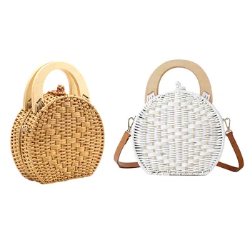 

2pcs Woman Fashion Wooden Handle Rattan Knit Bag White Straw Bag Shoulder Messenger Bag - White & Camel Color