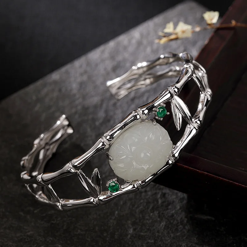 Leouerry Hetian Jade Lotus Bamboo Bracelet 925 Sterling Silver Vintage Open Cuff Bracelets for Women Luxury Silver 925 Bracelet