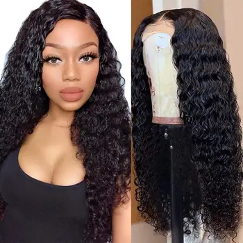 

Deep Wave Curly 4x4 Closure Lace Front Human Hair Wigs Brazilian Water Curly Remy Long Frontal Wigs For Black Women Baby Hair