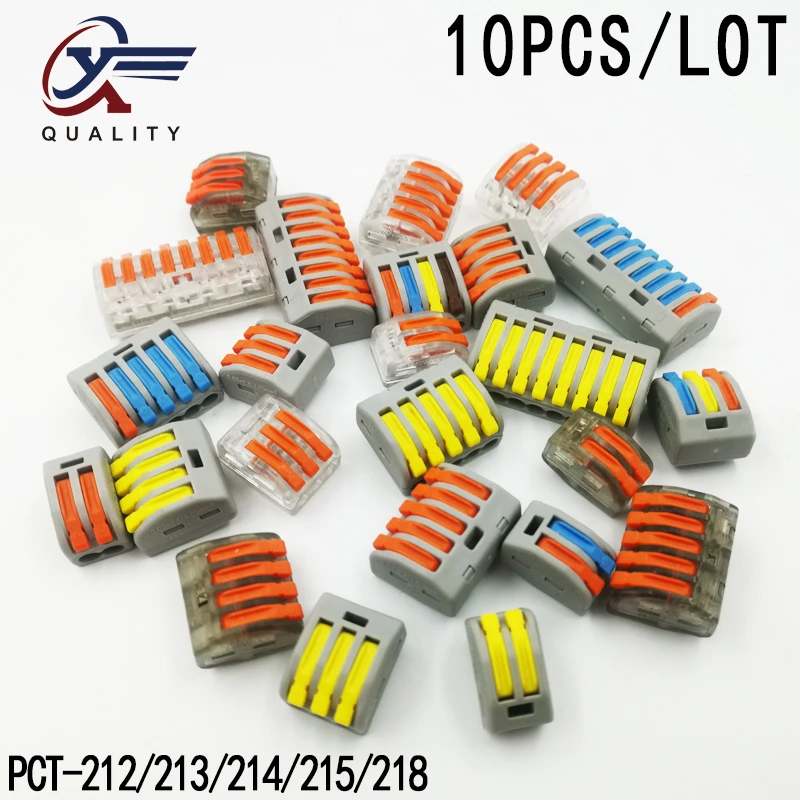 (10pcs/lot) PCT-212/213/214/215 Universal Compact Wire Wiring Connector 2/3/4/5/8 pin Conductor Terminal Block Lever 0.08-2.5mm2