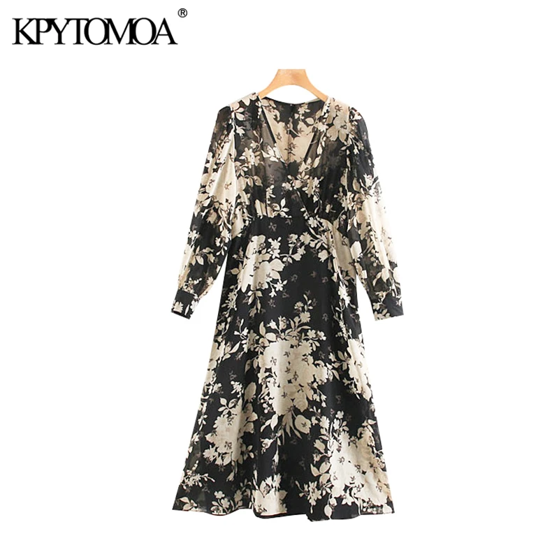 Vintage Elegant Floral Print See Through Midi Dress Women 2020 Fashion V Neck Long Sleeve Female Dresses Vestidos Mujer Vintage Elegant Floral Print See Through Midi Dress Women 2020 Fashion V Neck Long Sleeve Female Dresses Vestidos Mujer