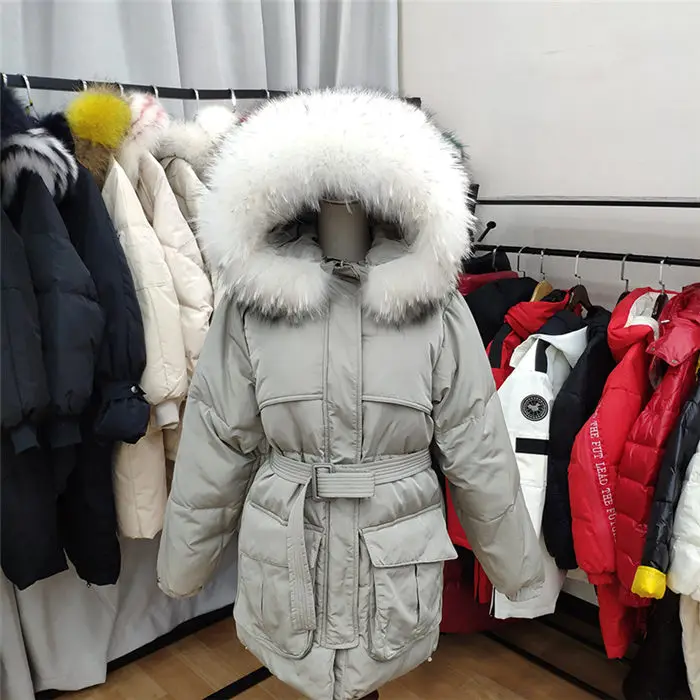 White Down Coat Winter Woman Fashion New Hooded Fur Collar Warm Thicken Cotton Clothing Casual Parkas Belt Overcoat f1401