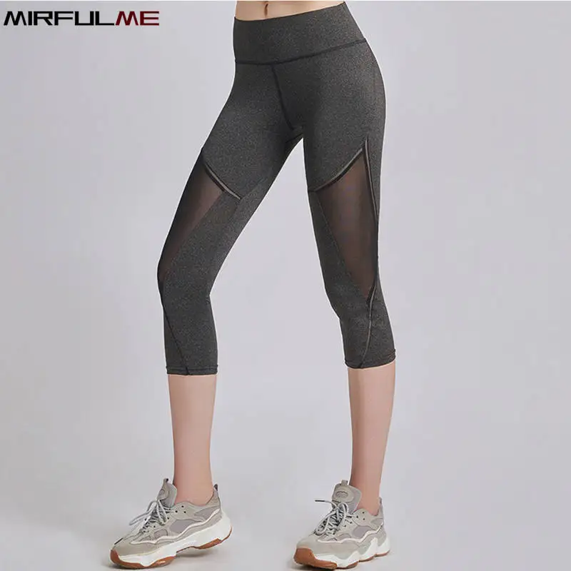 Summer Women Sport Leggings Cropped Yoga Pant Elastic Mesh Capris Quick Dry Running Crop Trousers Female Gym Pant Fitness Tights