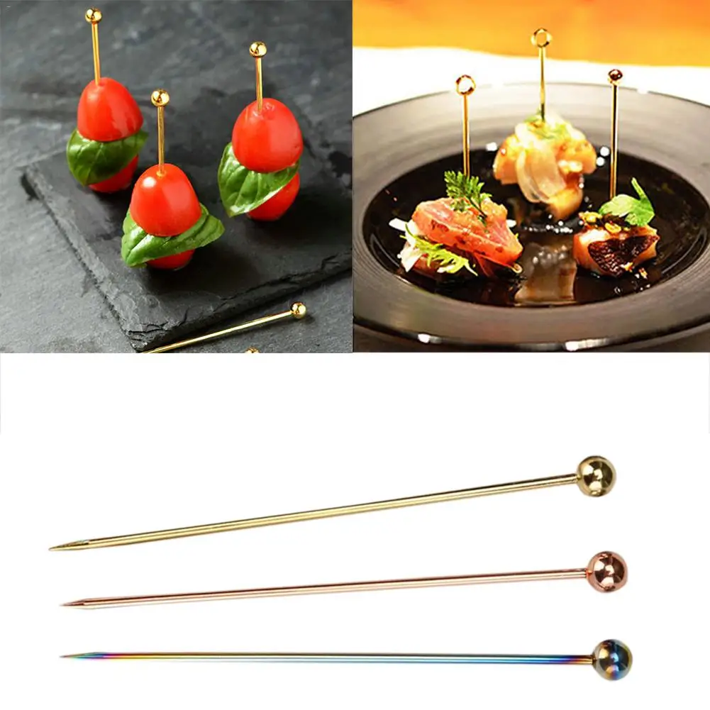 10PCS/Set 304 Stainless Steel Gold Plated Color Titanium Fruit Pin Fruit Pick Cocktail Pick Fork Wine Drinks Mixing Tool