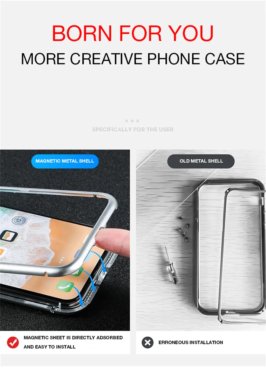 Магнитный адсорбционный металлический чехол на iPhone X XR XS MAX защитный чехол для iPhone 6 6s 7 8 Plus чехол из закаленного стекла