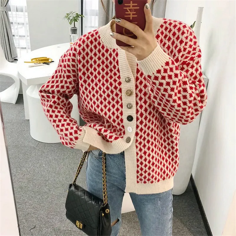 

O- neck retro plaid button cardigan coat sweater female 2019 new spring Korean version of the net red wild sweater