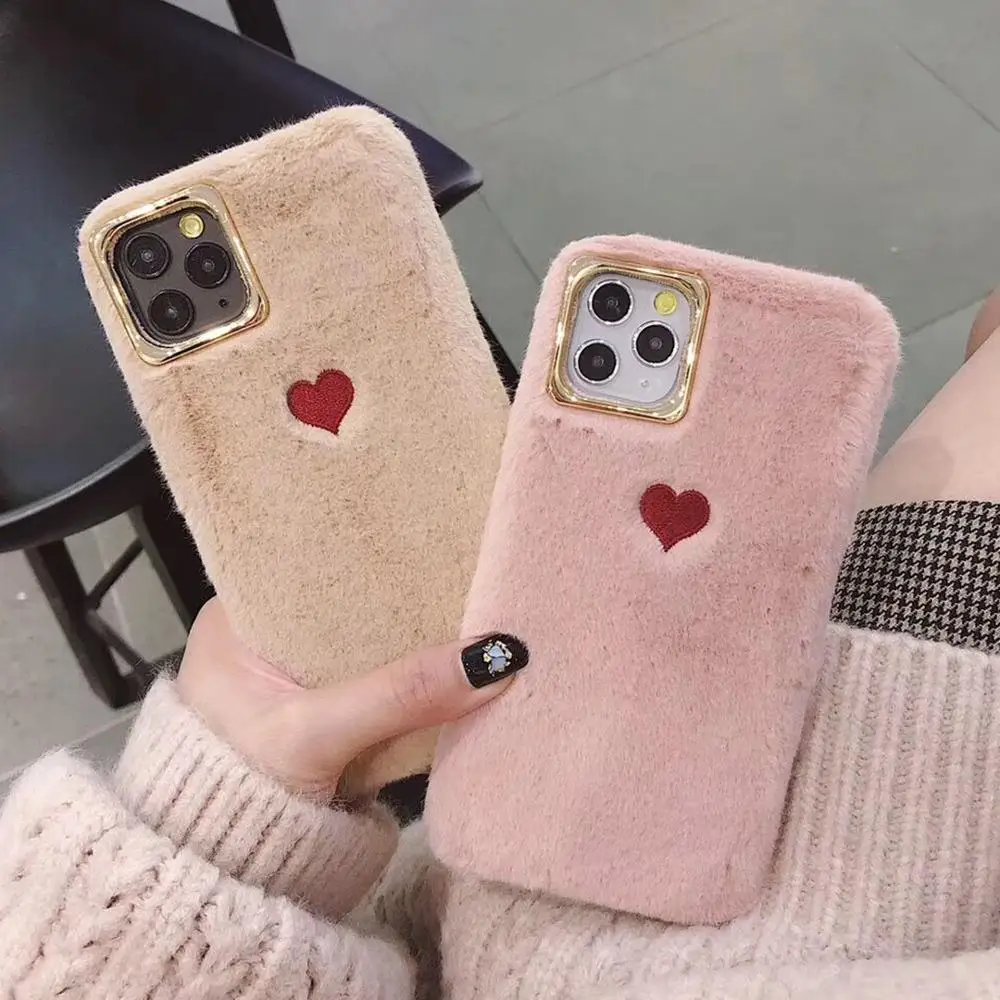 Теплый пушистый чехол для телефона для iPhone 11 Pro Max XR X XS Max 7 8 6S Plus, сплошной цвет+ чехол с сердцем, наполовину завернутый мягкий плюшевый чехол для телефона