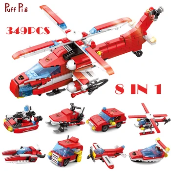 

8 IN 1 Fire Fighting Station Helicopter Trucks Ship Boat Building Blocks Firefighter Figures Police City