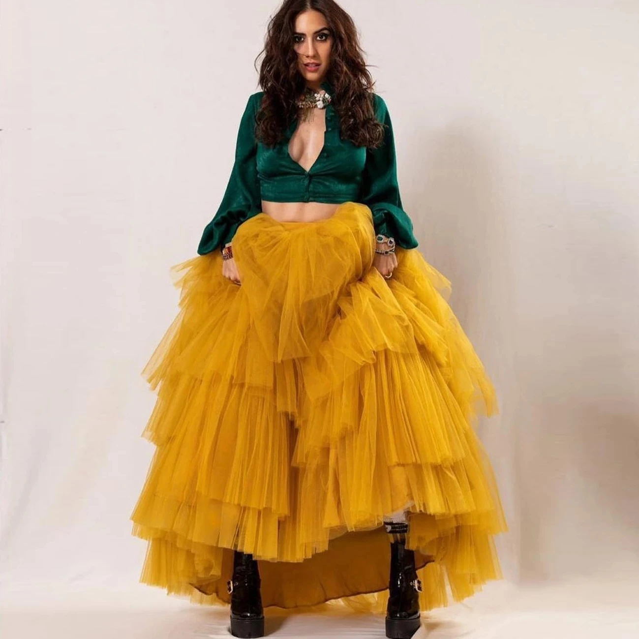 

Elegant Gold Yellow Tutu Long Tulle Skirt for Women Layered Tulle Floor Length Wedding Skirts for Photo Shoot Gothic Clothes