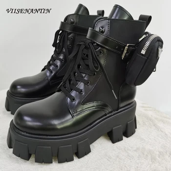 

Autumn & Winter Thick High Heel Genuine Leather Pockets Black Motorcycle Boots Round Toe Botas de Mujer Metal Buckle Shoes women