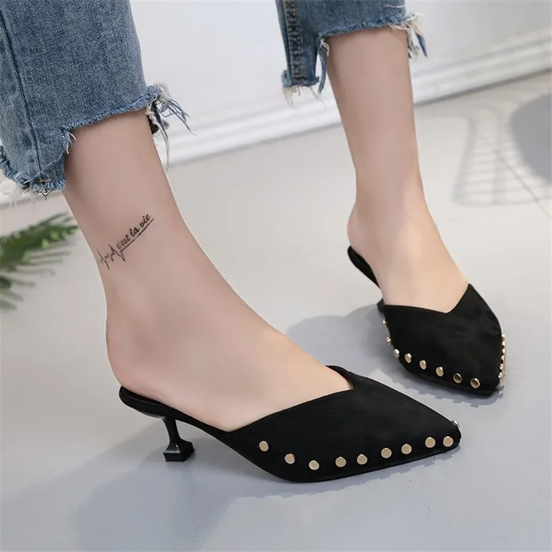 

High Heels Suede Slippers Women New Summer Shoes Women Fashion Off White Thin Heels Pumps Women Shoes Sexy Slip-On Party Slides