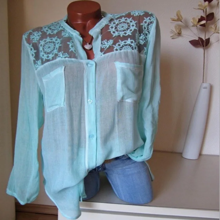 Женские топы и блузки больших размеров 5XL кружевные лоскутные Женские повседневные сексуальные белые черные рубашки с длинными рукавами Топы женские блузки летние - Цвет: Зеленый