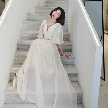 

Elegant White Chiffon Evening Gown Qipao Sexy Deep V-neck Lady Prom Dress Maxi Dress Exquisite Bling Rhinestone Robe De Soiree