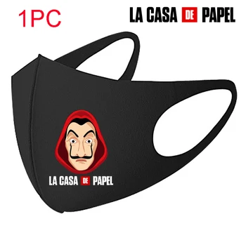 

1PC Black Mouth Mask La Casa De Papel Cartoon Pattern Face Mask Cotton Fabric Anti Dust Pollution Mask For Man Women Washable