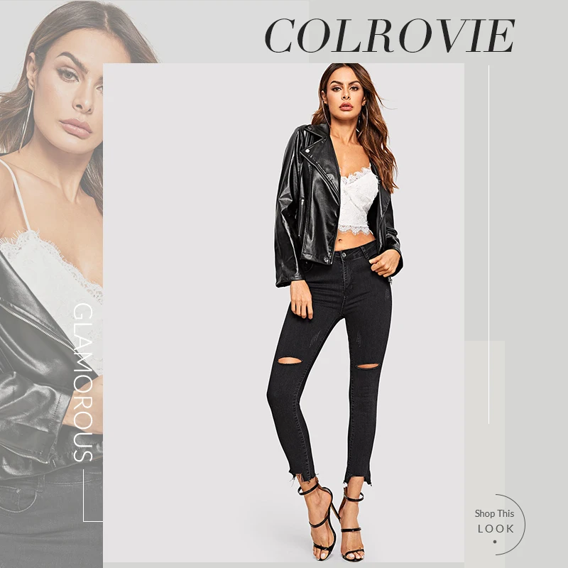 COLROVIE/черная куртка из искусственной кожи на молнии для женщин, осенняя уличная Женская байкерская куртка, однотонная Гламурная Верхняя одежда с вырезами на шее