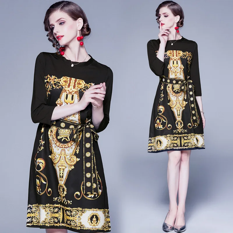 

1059 Autumn New Style Europe And America WOMEN'S Dress Crew Neck Loose-Fit Casual Joint Cool Floral Printed Dress Women's