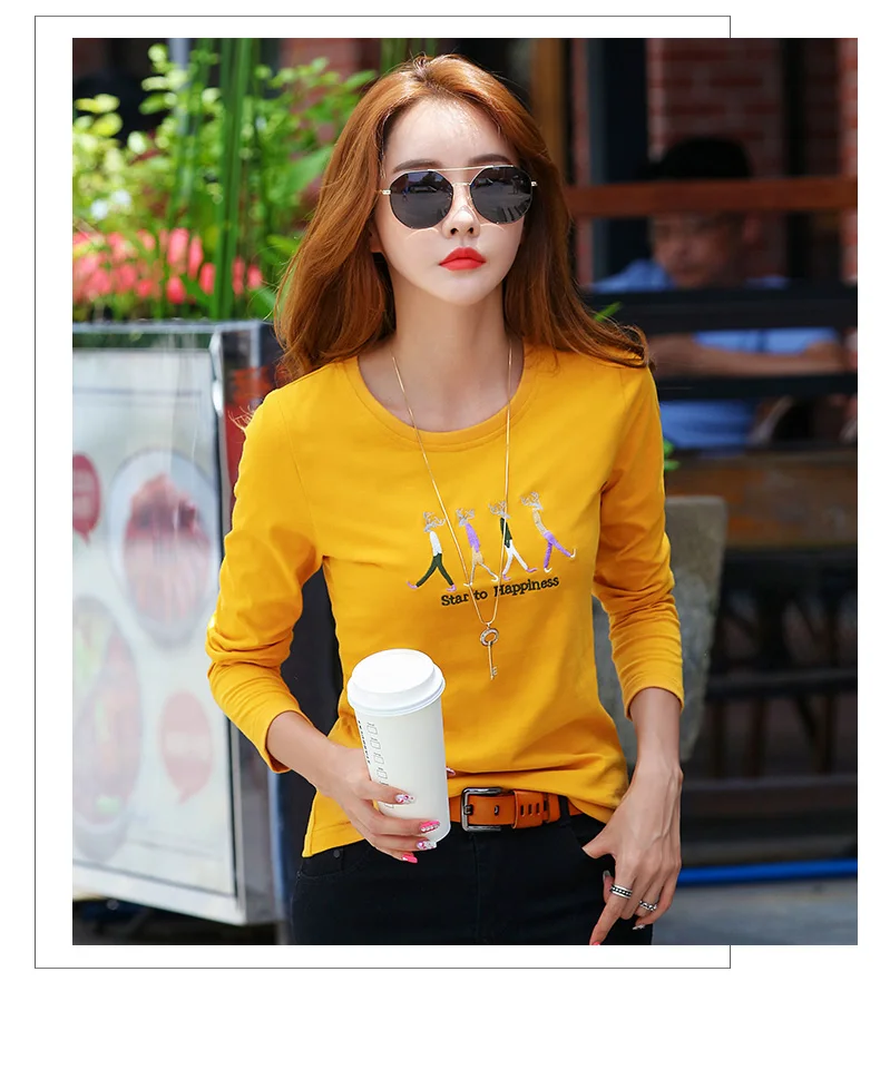 Новая Осенняя футболка Женская Топ с длинным рукавом женская футболка вышивка хлопок повседневные футболки для женщин желтые зимние топы футболки