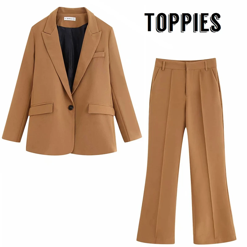 

Brown Suit Set Office Two Piece Set Women Single Button Blazer Jacket High Waist Flare Pants Lady Suit Pants 2019 Autumn