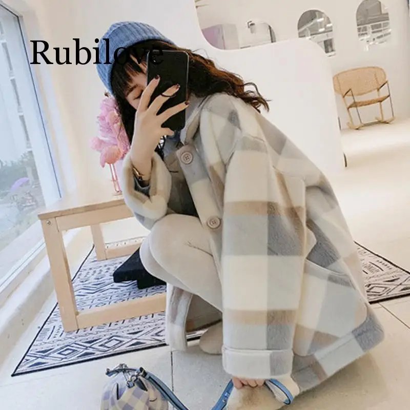 Winter Jacket Women Winter New Plaid Korean Version of The Woolen Coat Thickening Straight Large Size Winter Woman Coats