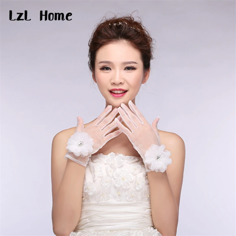 LzL Home Short bride gloves woman gloves flower ivory/red gauze translucent wedding summer ladies