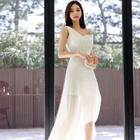 White Voile Long Prom Party Elegant Chiffon Gauze One-Shoulder Inclined Shoulder Asymmetrical Dresses 1